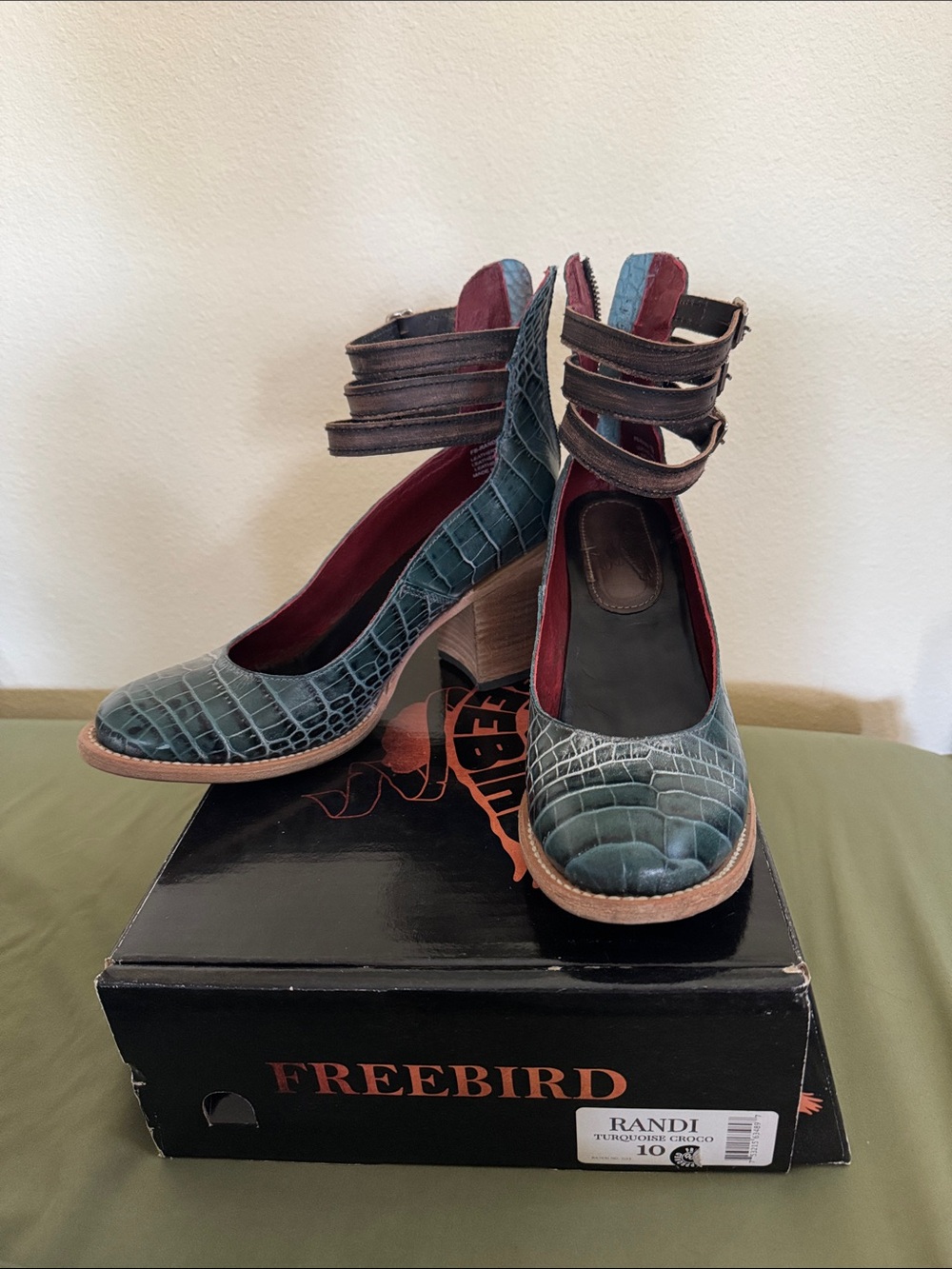Freebird by Steven Teal Croc-Embossed Leather Block Heel Pumps